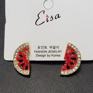 **Last Chance!!Final Sale** Red green black watermelon slice earrings rhinestone